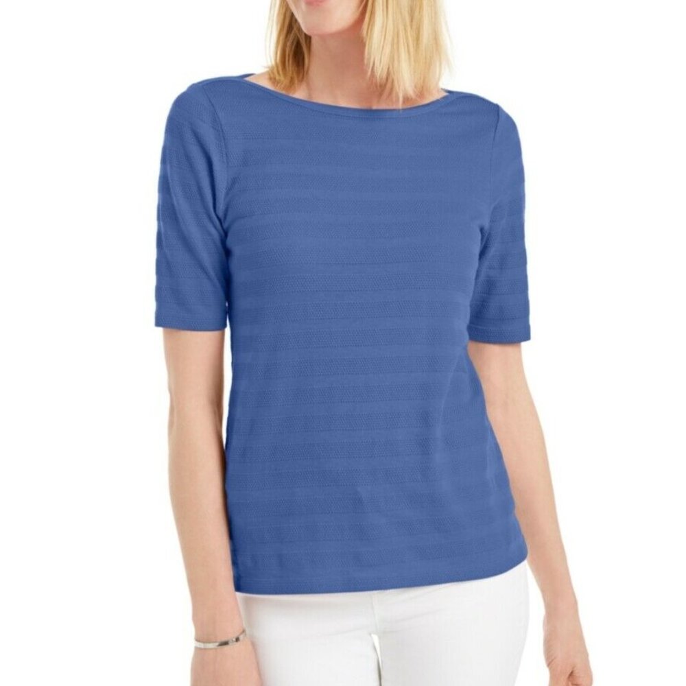 NWT Charter Club Cotton Texture Elbow-Sleeve Top